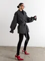 Stylish dark grey double-breasted trench coat with a waist belt and wide lapels - S / Tops / Dark Gray