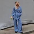 Elegant blue cotton long-sleeve pajama set with wrap top and wide-leg pants for women - S / Top And Bottom / Blue