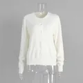 Detail view of a white knitted button-up cardigan for women on a transparent mannequin. - S / Tops / Single Cardigan / White