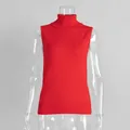 Front view of a vibrant red sleeveless turtleneck knitted vest on a clear mannequin. - S / Tops / Vest Only / Red
