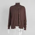 Detailed view of brown two-piece knit set with cardigan and sleeveless turtleneck - S / Set / Vest and Cardigan Set / Coffee