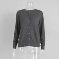 Detail view of a dark grey button-up knitted cardigan on a clear mannequin. - S / Tops / Single Cardigan / Dark Gray