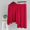 Vibrant fuchsia women's high-neck knit sweater and matching midi skirt two-piece set - S / Top And Bottom / Red