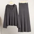 Fashionable charcoal gray V-neck knit sweater and matching ribbed midi skirt set - S / Top And Bottom (TZ0118) / Gray