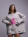 Felpa grigia oversize con simpatica stampa di papera rosa per donna - Taglia S / Top / Grigio
