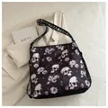 Nylon crossbody bag with skull and flower print, large capacity trendy shoulder bag - Skull Flower Print Style / Fuschia