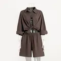 Casual brown two-piece set for women with tied button-down shirt and loose shorts - S / Top And Bottom / Brown