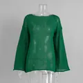 Detail of emerald green sheer open-knit sweater with elegant flared bell sleeves. - M / Tops / Dark Green
