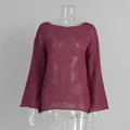 Detail of sheer maroon knit sweater with wide boat neck and elegant bell sleeves - M / Tops / Burgundy