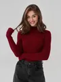 Eng anliegender burgunderroter Rippstrick-Rollkragenpullover für Damen, langes Oberteil. - Einheitsgröße / Oberteile / Burgunderrot