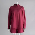 Women's burgundy pure cotton two-piece set featuring long-sleeve shirt and shorts - S / Top And Bottom / Burgundy