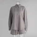 Grey two-piece cotton long-sleeve shirt and shorts casual lounge set for women - S / Top And Bottom / Grey Brown