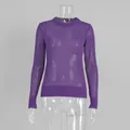 Macro view of a vibrant purple semi-sheer mohair crewneck knit sweater for women - S / Tops / Purple