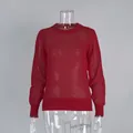 Detail view of the red semi-sheer mohair knit sweater showing the fine ribbed texture. - S / Tops / Red