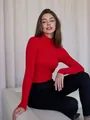 Eleganter roter, eng anliegender Damen-Strickpullover mit Stehkragen, feines Rippenmuster - Einheitsgröße / Oberteile / Rot