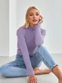 Eleganter lila Rippstrick-Rollkragenpullover für Damen, schmal geschnittene Basisschicht - Einheitsgröße / Oberteile / Lila