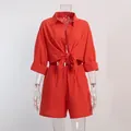 Vibrant red women's two-piece casual summer set featuring long sleeve shirt and shorts - S / Top And Bottom / Orange
