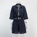 Women's navy blue loose-fit long sleeve shirt and shorts set for vacation - S / Top And Bottom / Navy Blue