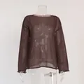 Transparenter brauner Strickpullover mit weitem Rundhalsausschnitt und Glockenärmeln - S / Oberteile / Braun