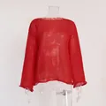 Women's red hollow-out see-through knit sweater with bell sleeves and round neck - S / Tops / Red