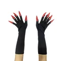 Detailansicht der langen schwarzen Halloween-Handschuhe mit spitzen roten Nägeln - Rote Nägel