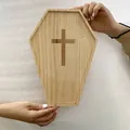 Coffin-shaped wooden Halloween serving tray featuring an engraved cross design for party. - Cross