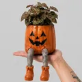 Vue détaillée d'un pot de fleur citrouille d'Halloween avec jambes suspendues - Citrouille
