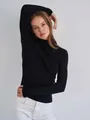Elegant close-up of a women's black ribbed half-turtleneck slim fit knit sweater on a model - One Size / Tops / Black