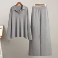 A premium grey knitted two-piece set featuring a Polo collar sweater and wide leg pants - S / Top And Bottom / Gray
