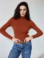 Rust orange mock neck ribbed knit sweater with slim fit and long sleeves - One Size / Tops / Caramel color