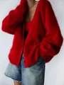 Close-up of vibrant red faux mink fur knitted cardigan showing soft plush texture - S / Red