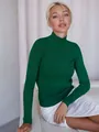 Close-up of a dark green ribbed knit sweater with a sleek semi-high collar design. - One Size / Tops / Dark Green