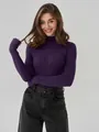 Slim fit purple ribbed mock neck long sleeve sweater for women shown on model - One Size / Tops / Deep purple