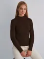 Dark brown slim-fit mock neck long-sleeved knitted sweater with ribbing texture - One Size / Tops / Coffee