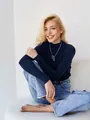 Slim fit navy blue mock neck ribbed knit sweater for women, elegant autumn style - One Size / Tops / Sapphire Blue