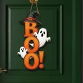 Detail of Halloween BOO! door sign with ghost and witch hat on green door - Style B / 35*15cm