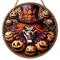 Detail of a circular Halloween wood sign featuring a creepy clown and carved pumpkins. - Style J