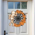 Corona artesanal de madera para puerta de Halloween con esqueleto y fantasmas - Estilo Esqueleto y Fantasma (D) / 30x30x0,5cm