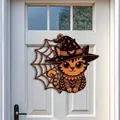 Detailed macro view of a wooden Halloween door hanger featuring a cat and spider web. - Wizard Hat Cat Style (E) / 30x30x0.5cm