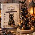 Detailed view of the 3D sea glass black cat DIY kit with warm glowing LED lights and box. - Black Cat Style (A Style)
