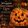 Close-up of lighted sea glass Halloween pumpkin showing rich 3D texture and warm glow. - Pumpkin Style (F Style)