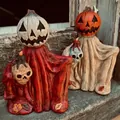 Detailed macro view of handcrafted Halloween pumpkin wizard resin figurines for decor - Pumpkin Head Set / Multicolor