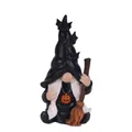 Detailed view of Halloween wizard gnome resin ornament with pumpkin necklace and broom - Black Hat With Broom Style