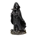 Intricate detail of a gothic resin grim reaper statue holding a cross on a skull base - Cross Skull Style C