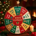 Gedetailleerd overzicht van het White Elephant cadeau-uitwisselingswiel voor kerstfeestjes. - Kerstcadeau Ruilwiel