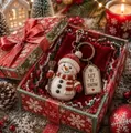 Primer plano detallado de un llavero de muñeco de nieve de Navidad en una caja de regalo festiva - Muñeco de nieve / Set de regalo