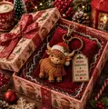 Detalle del llavero navideño de vaca de las tierras altas en caja de regalo - Vaca escocesa / Set de regalo