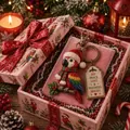 Primer plano de un llavero de loro festivo en una caja de regalo de Navidad con decorado - Loro / Set de regalo