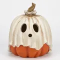 Detailed view of a ghost-draped pumpkin Halloween resin decorative figurine for home - Pumpkin Candy Jar