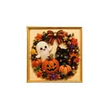 Halloween 3D diamond art wreath kit with cute ghost and cat design in gold frame - Ghost Pumpkin Cat